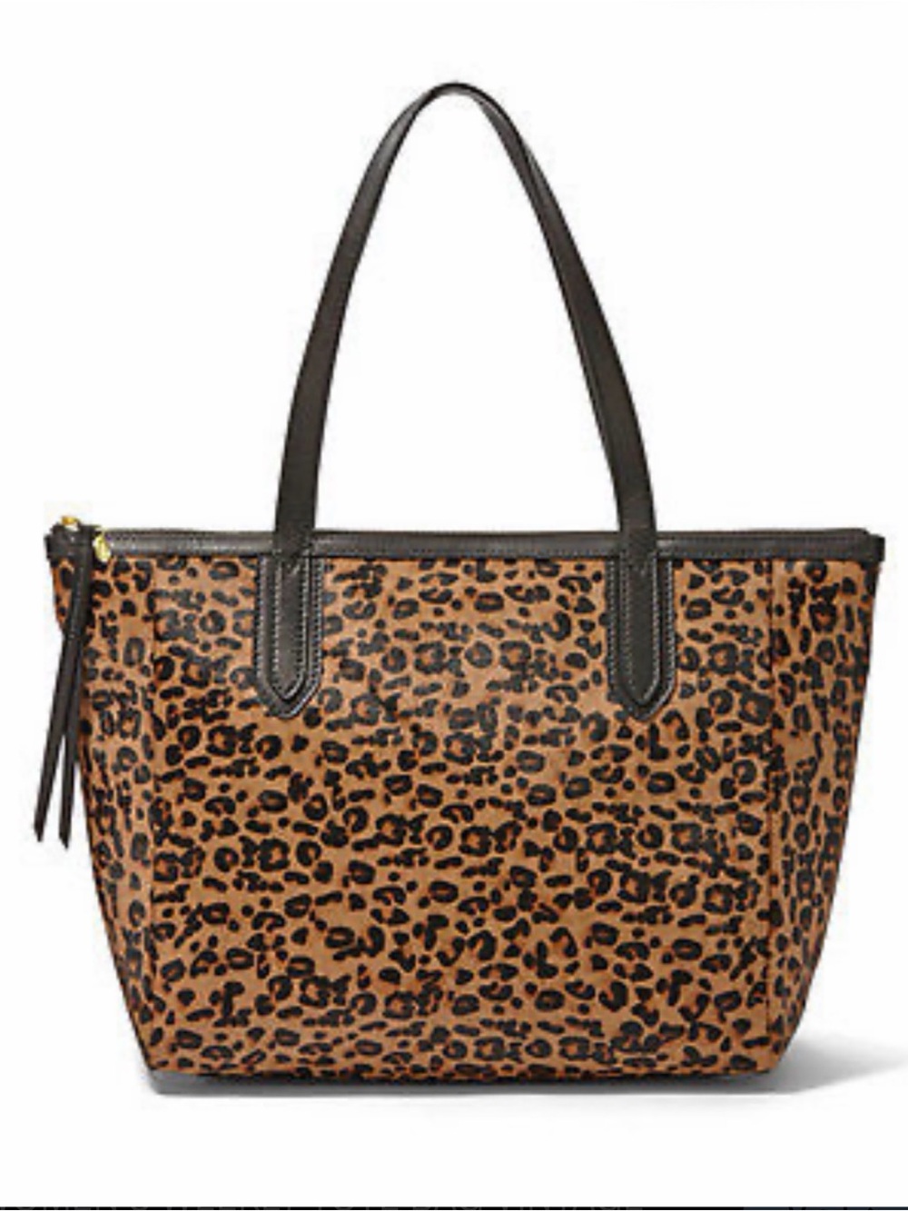 Fossil Cow Hide Leopard Print Tote Bag with Black Trim 17x11x5